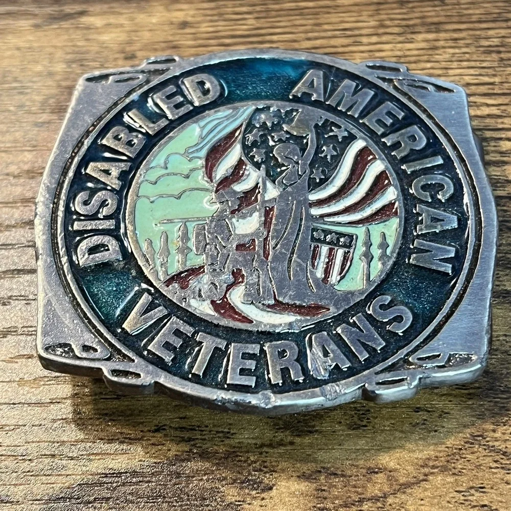 VYG Pewter Belt Buckle Disabled American Veterans Military USA Flag Soldier